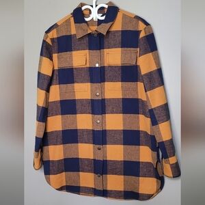L.L.Bean Signature Chamois Blue and Orange Plaid Snap Button-Up Shirt Flannel M